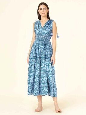 Omika Rosalita Blue Floral Printed Midi Dress in Natalia Tidepool Size Small